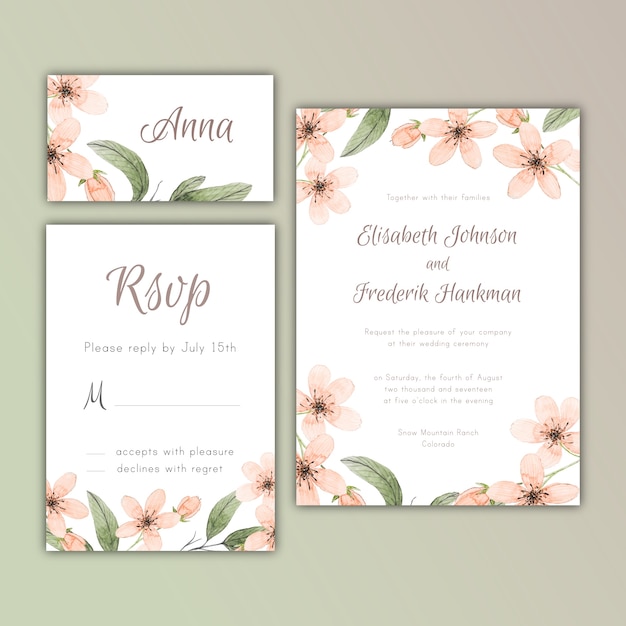 Vector watercolor wedding set with pastel flowers