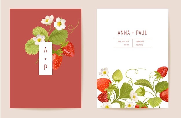 Watercolor wedding strawberry floral invitation. Exotic berries, flowers, leaves card. Botanical Save the Date template vector, party cover, modern poster, birthday design, luxury background