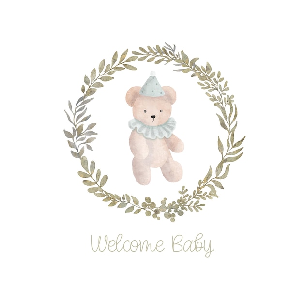 Watercolor welcome baby card with green leaves wreath plush toy bear Isolated on white background