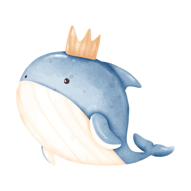 Vector watercolor whale with crown majestic and playful sea creature