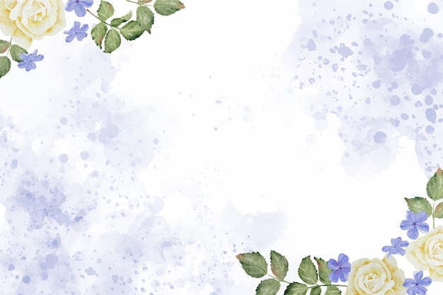 Watercolor white rose and plumbago flower bouquet on blue splash background