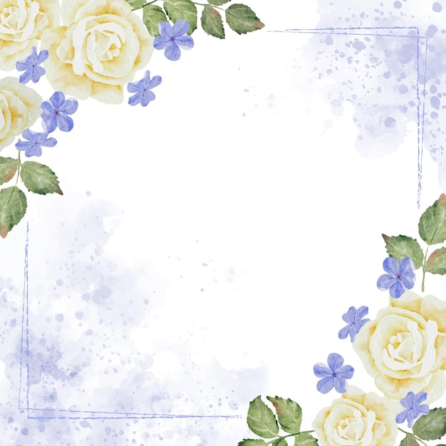 Watercolor white rose and plumbago flower bouquet wreath frame on indigo blue splash background