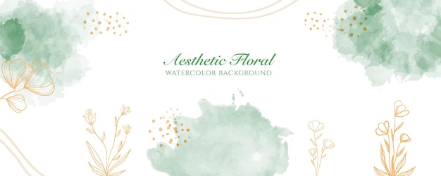 Watercolor wide banner cover or web page advertising. Watercolor abstract splatter green gold shiny wide vertical vector background template. For beauty, wedding, make up, jewelry. Romantic feminine