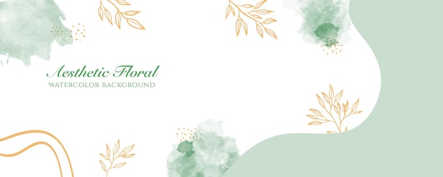 Watercolor wide banner cover or web page advertising. Watercolor abstract splatter green gold shiny wide vertical vector background template. For beauty, wedding, make up, jewelry. Romantic feminine