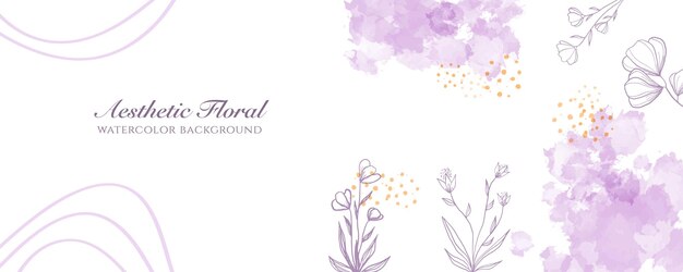 Watercolor wide banner cover or web page advertising. Watercolor abstract splatter purple peach shiny wide vertical vector background template. For beauty, wedding, make up, jewelry. Romantic feminine