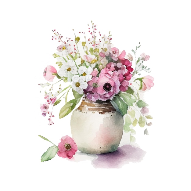 Watercolor wild pink and white flowers in vase vector