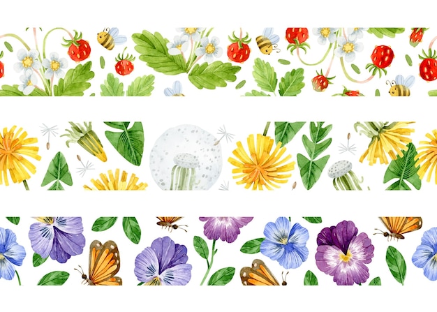 Watercolor wildflowers seamless borders set with pansy dandelion strawberry flowers and berries