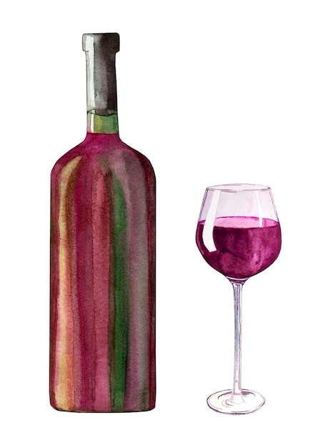 Watercolor wine bottle on white background