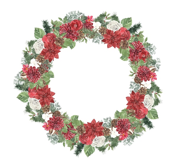 Watercolor winter Christmas round wreath with pine needles and red flowers