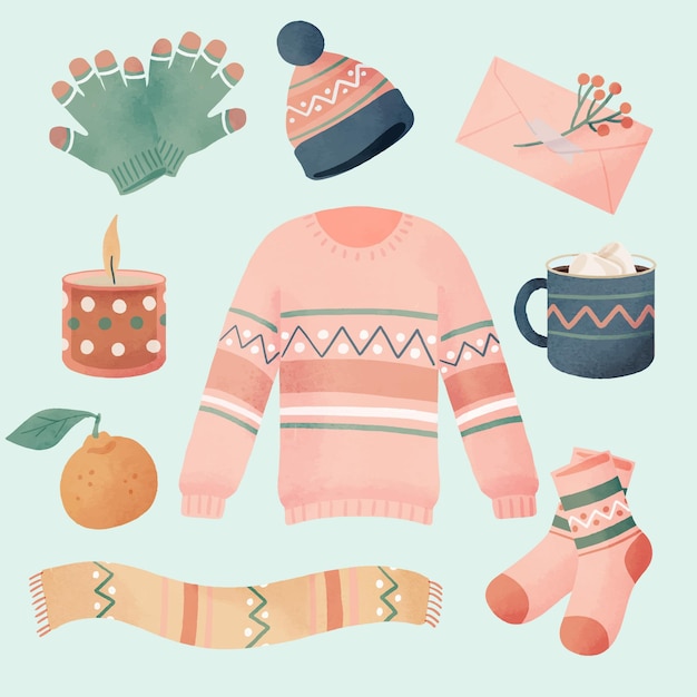 Watercolor winter clothes and essentials collection