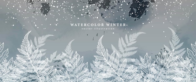 Watercolor winter gray background with unusual leaves splashes and snow