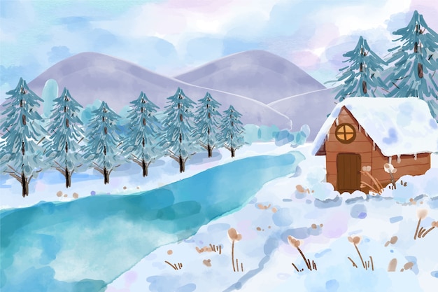 Vector watercolor winter landscape illustration