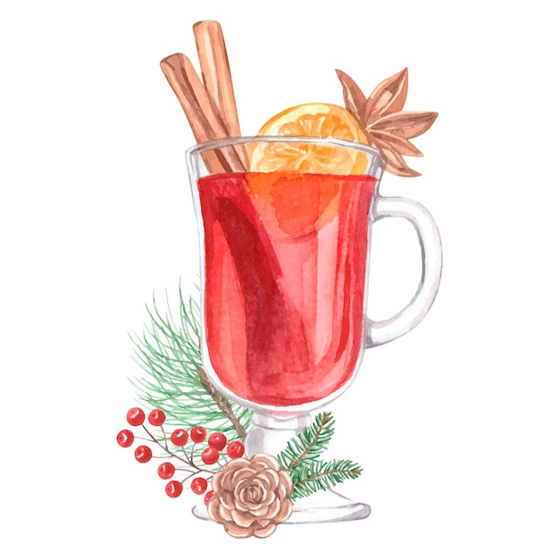 Watercolor winter mulled wine with cone, berries and pine branch. High quality illustration