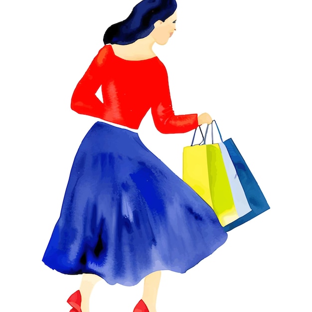 Watercolor woman and bag shopping