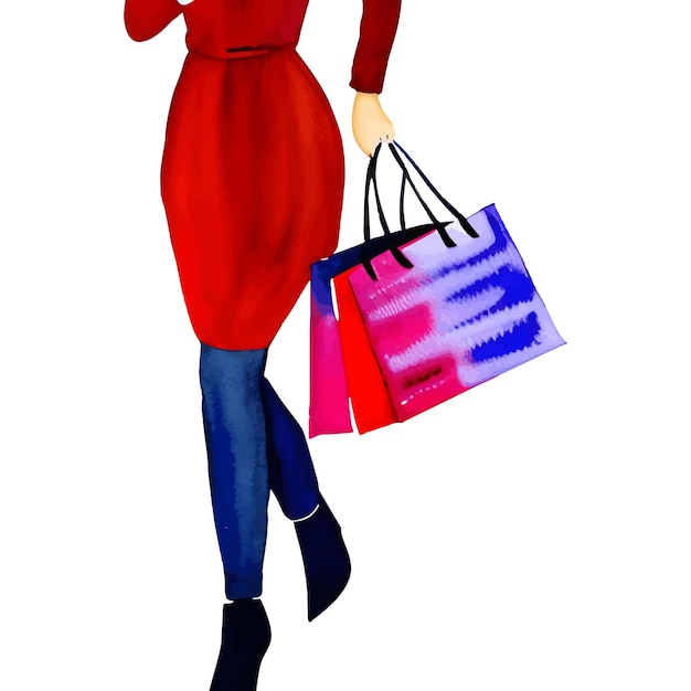 Watercolor woman and bag shopping