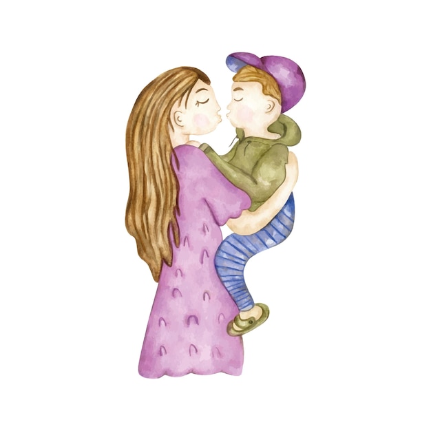 Watercolor woman hugging little son. Mother Premade Logo and poster design. Beauiful woman and baby