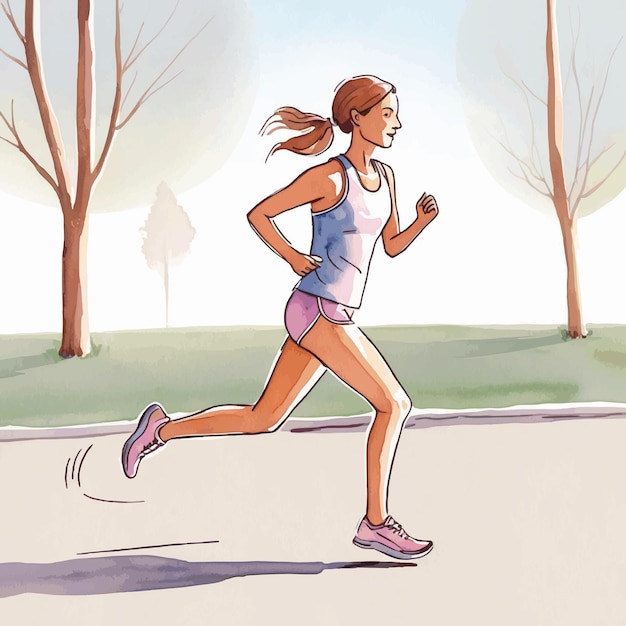 Vector watercolor of a woman jogging in a city park