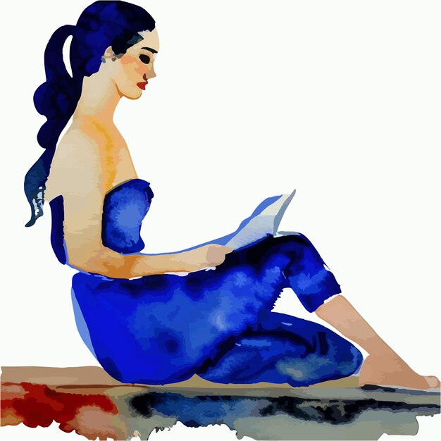 Vector watercolor woman reading a book