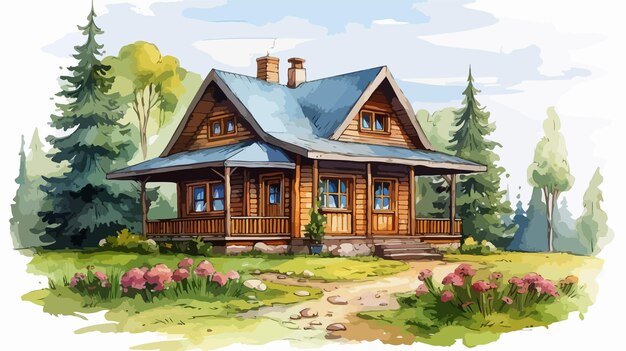 Watercolor Wooden Cartoon Country House Illustration