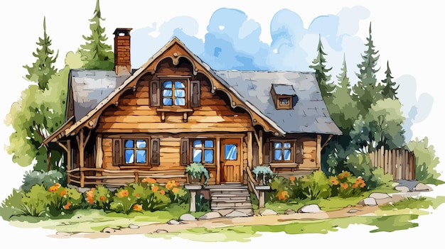 Watercolor Wooden Cartoon Country House Illustration