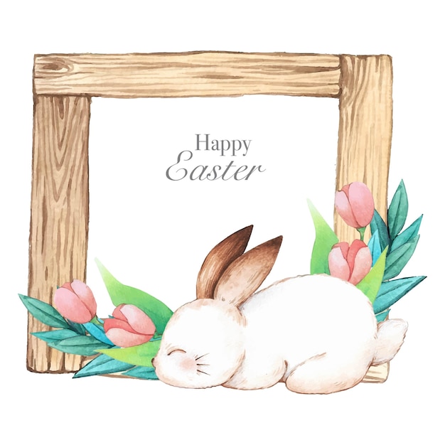 Watercolor wooden frame with spring easter decoration Vector illustration