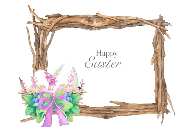 Watercolor wooden frame with spring easter decoration Vector illustration