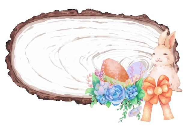 Watercolor wooden frame with spring easter decoration Vector illustration