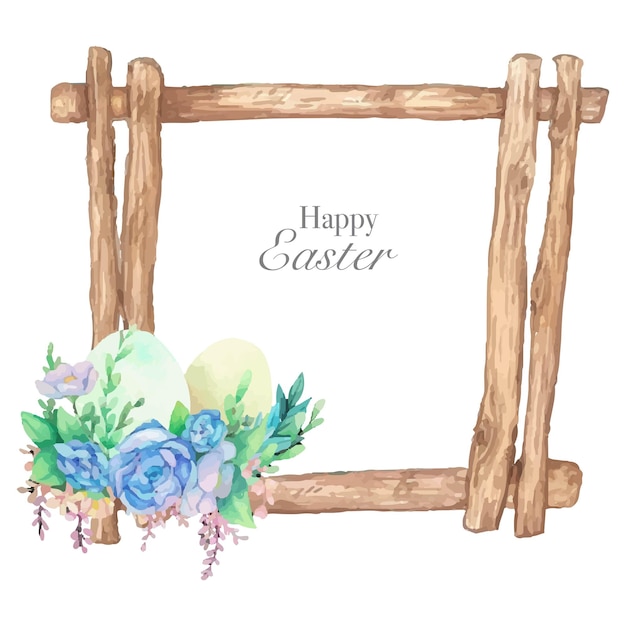 Watercolor wooden frame with spring easter decoration Vector illustration