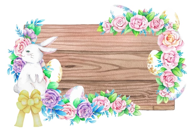 Watercolor wooden frame with spring easter decoration Vector illustrationxA