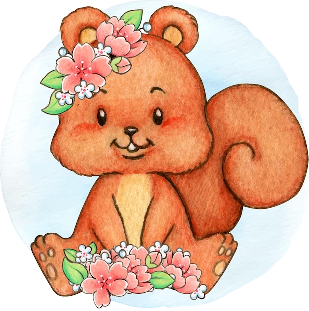 Watercolor woodland animal with cherry blossoms