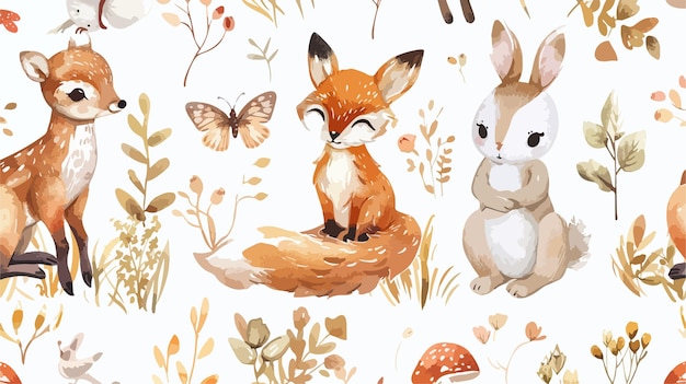 Watercolor Woodland Animals Seamless Pattern