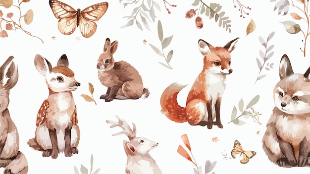 Watercolor Woodland Animals Seamless Pattern