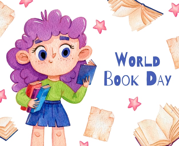 Watercolor world book day illustration