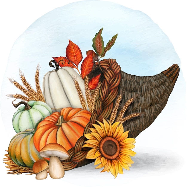 Watercolor woven cornucopia full of pumpkins