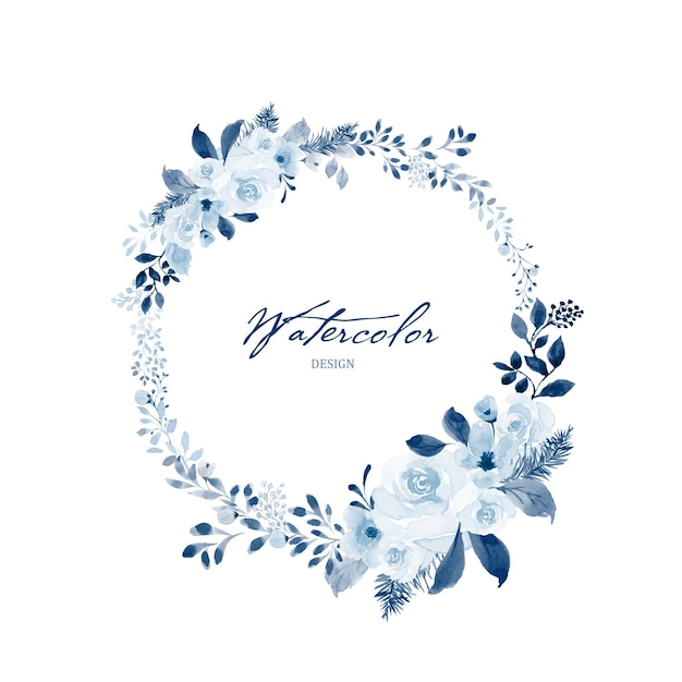 Watercolor wreath of blue flower and leaves. Watercolor hand-painted with monochrome floral round frame isolated on white background. Suitable for wedding card design, invitations, Save the date.