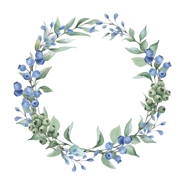 Watercolor wreath of branches with leaves and berries