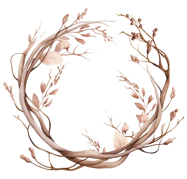 Vector watercolor wreath of dry twigs isolated on white background