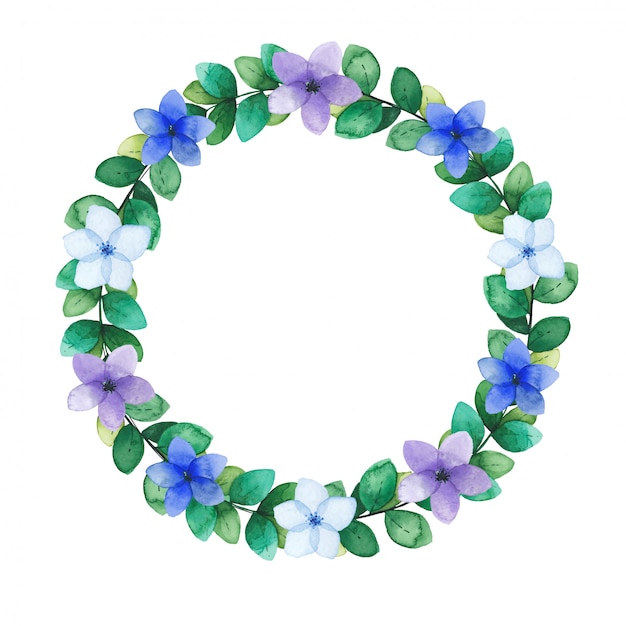 Watercolor wreath of green twigs and flowers. Vector illustration.