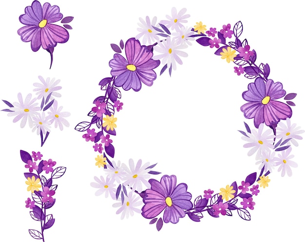 Watercolor wreath of lilac flowers twigs and daisies