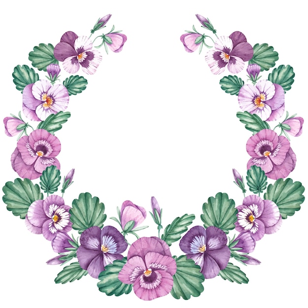 Watercolor wreath of pansies on a white background