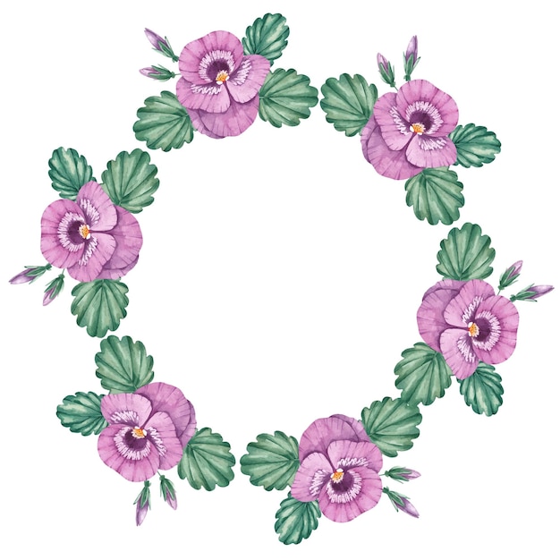 Watercolor wreath of pansies on a white background