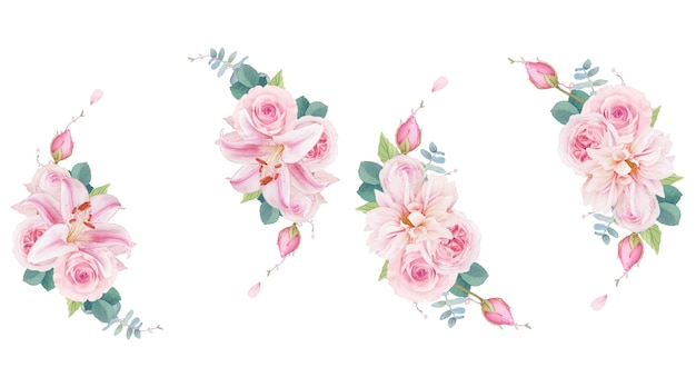 Watercolor wreath of pink roses lily and dahlia