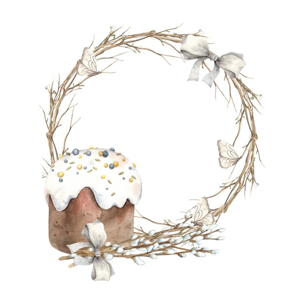 Vector watercolor wreath of tree branches with easter cake and a bouquet of willow hand drawn illustrations