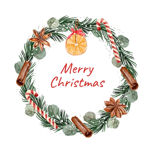 Watercolor wreath with christmas tree branches, candlestick, orange, cloves and cinnamon. Greeting card design