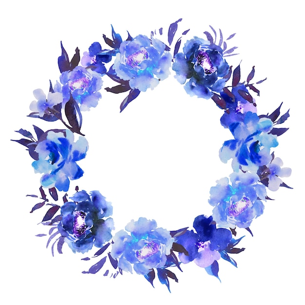 Watercolor wreath with flowers and leaves in circle Blue floral