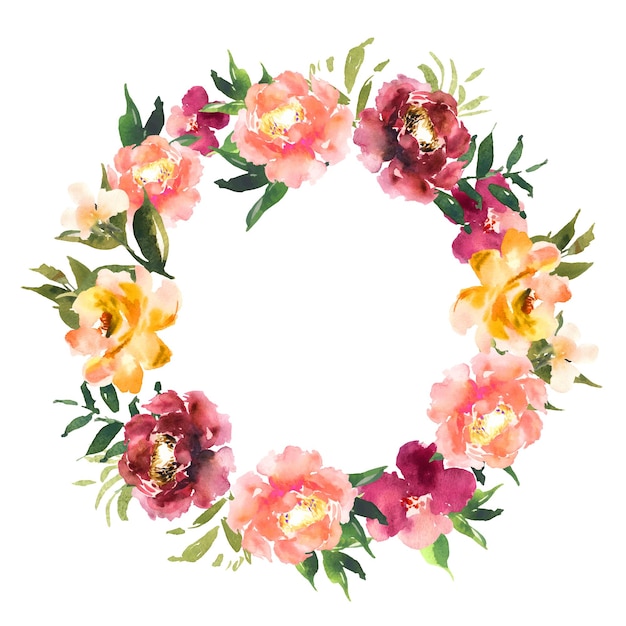 Watercolor wreath with flowers and leaves in circle Colorful plants