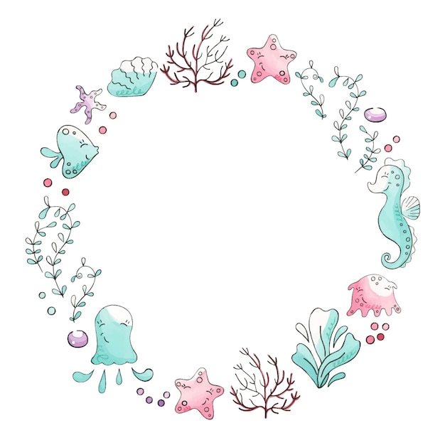 Watercolor wreath with nautical elements on a white background