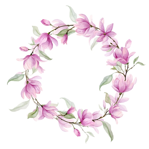 Watercolor Wreath with pink Flowers and green leaves Hand drawn illustration of circle frame with Magnolia or Rose on isolated background Botanical border for greeting cards or wedding invitations