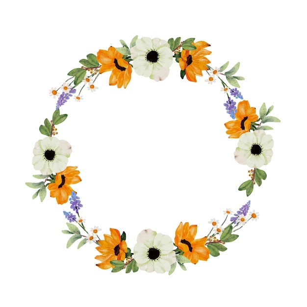 Watercolor yellow sunflower and white anemone flower bouquet wreath frame