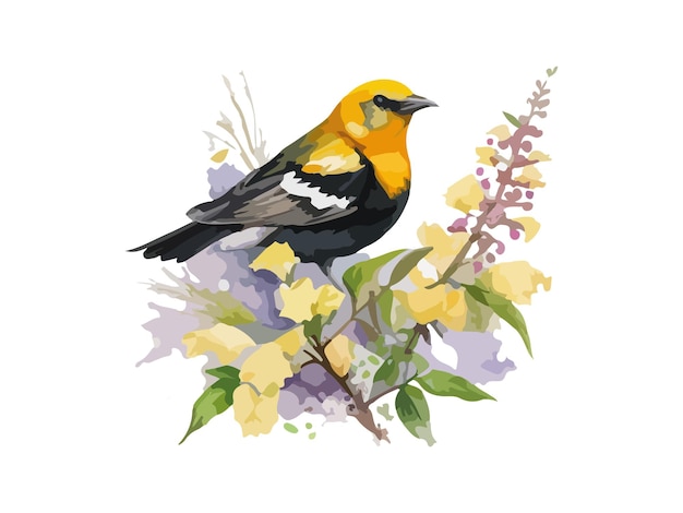 Watercolor YellowHeaded Scotts Oriole Bird hand drawn Painting decorated by leaves and flowers